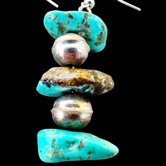Turquoise Sterling Silver Bench Bead Nugget Stack Southwest 925 Dangle Earrings - Picture 3 of 4